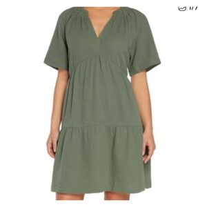 GAP Gauze Tiered V Neck Short Sleeve Dress Olive Green Large Resort Lounge